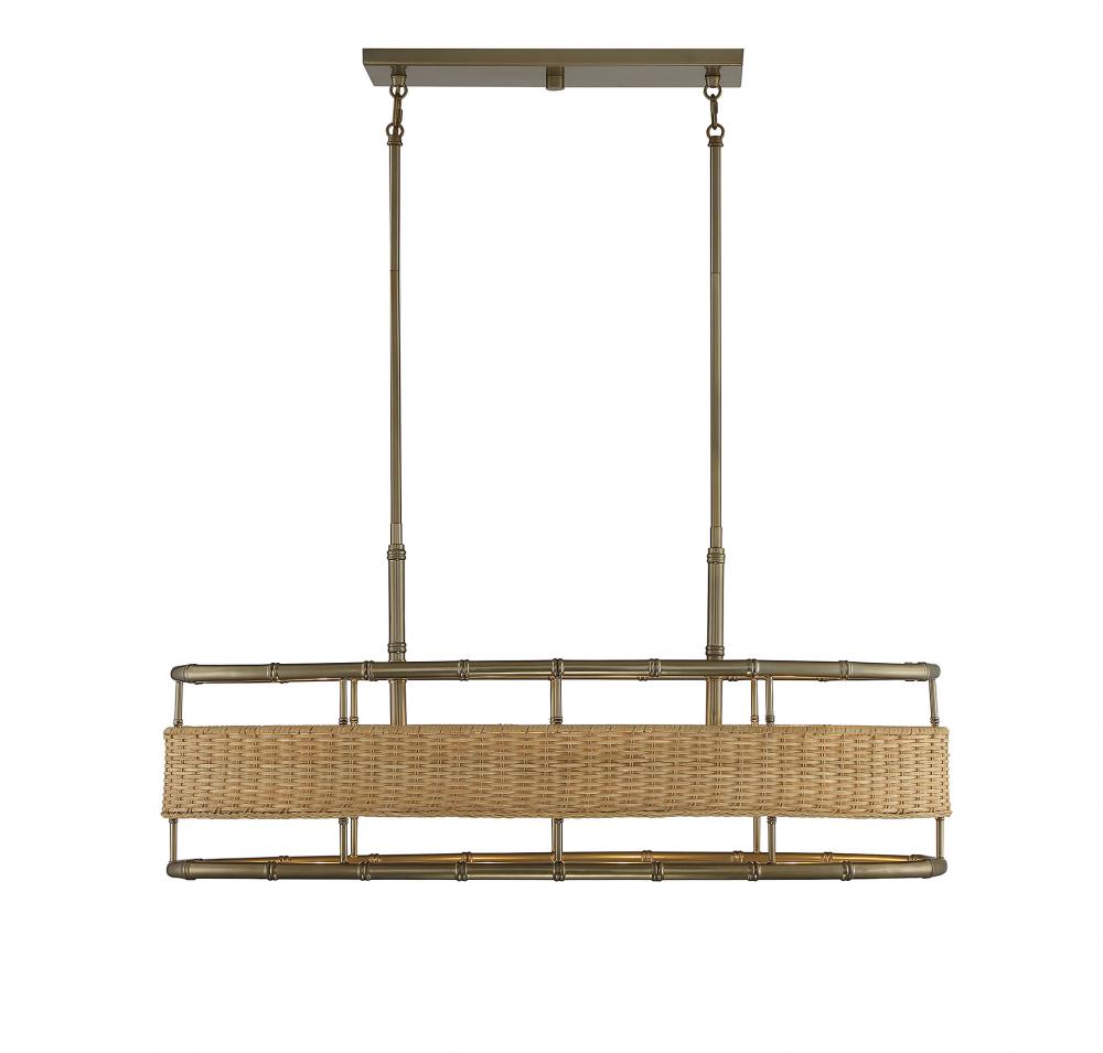 Arcadia 4-Light Linear Chandelier in Burnished Brass with Rattan