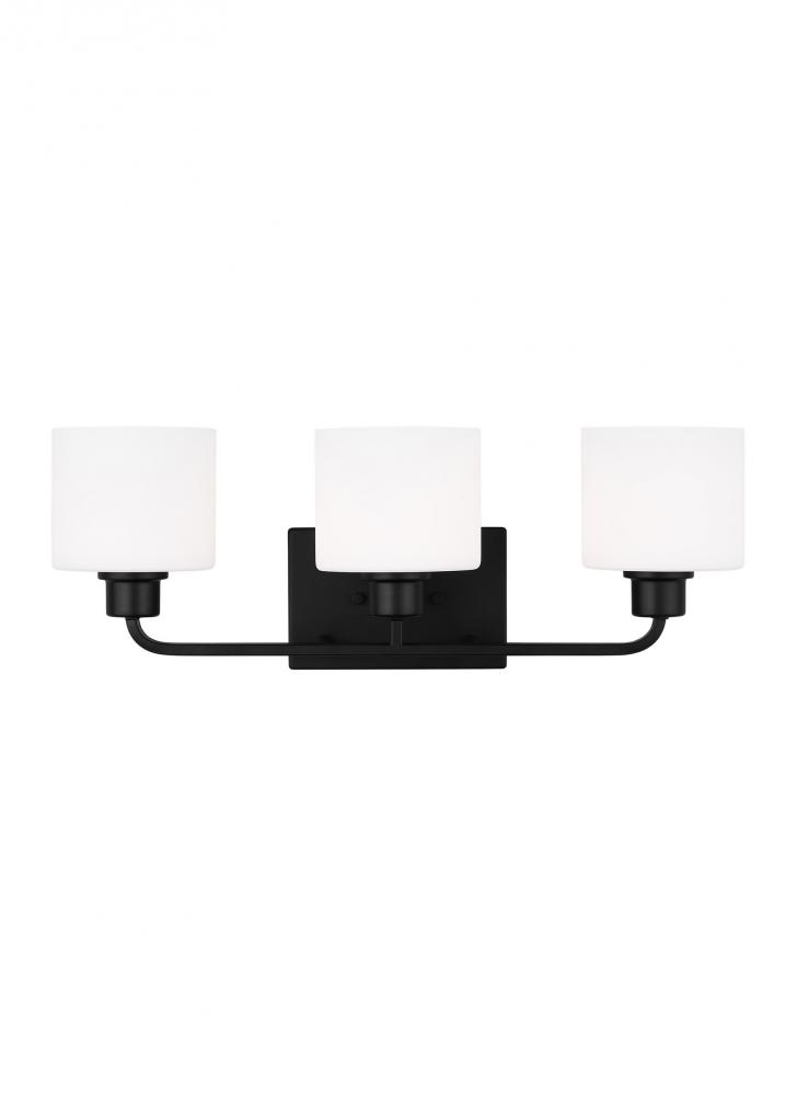 Canfield indoor dimmable LED 3-light wall bath sconce in a midnight black finish and etched white gl