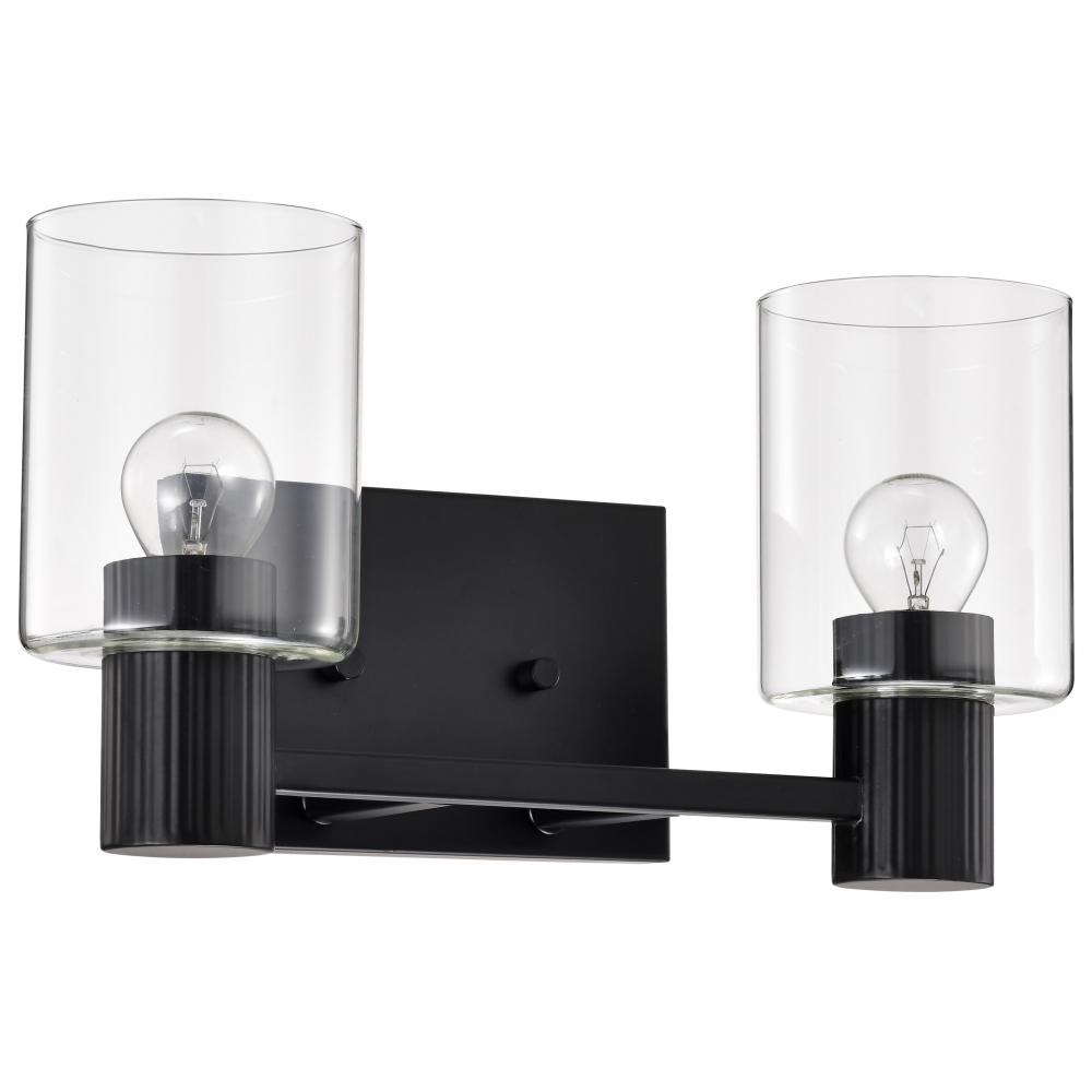 Clarksville; 2 Light Vanity; Matte Black with Clear Glass