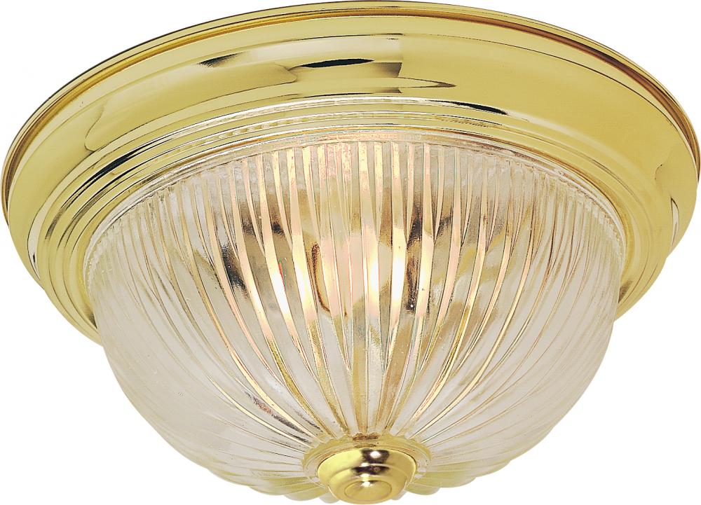 2 Light - 13" Flush with Clear Ribbed Glass - Polished Brass Finish