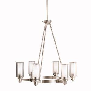 Circolo 26.5" 6 light Round Chandelier with Clear Outer and Satin Etched Inner Cylinders Brushed