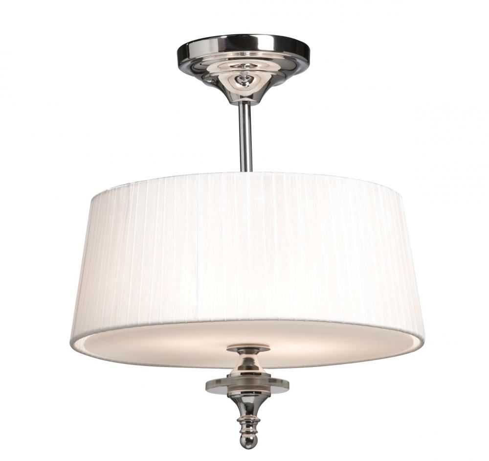 Two Light Chrome White Silk Ribbon Shade Drum Shade Semi-Flush Mount