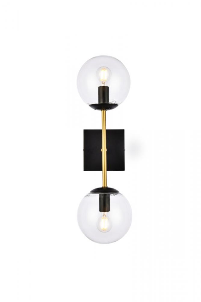 Neri 2 Lights Black and Brass and Clear Glass Wall Sconce
