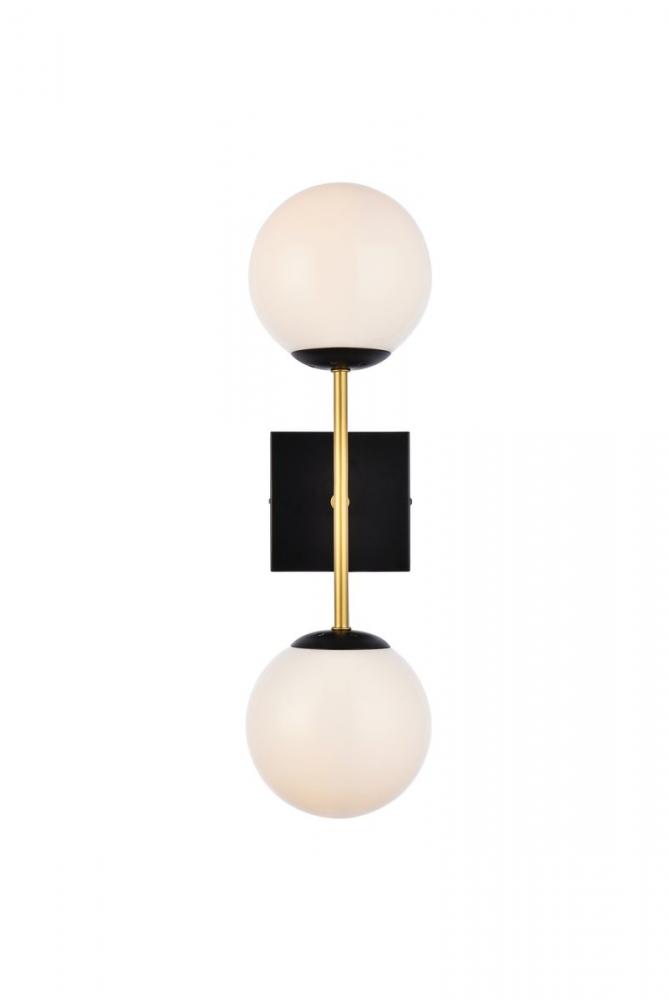 Neri 2 Lights Black and Brass and White Glass Wall Sconce