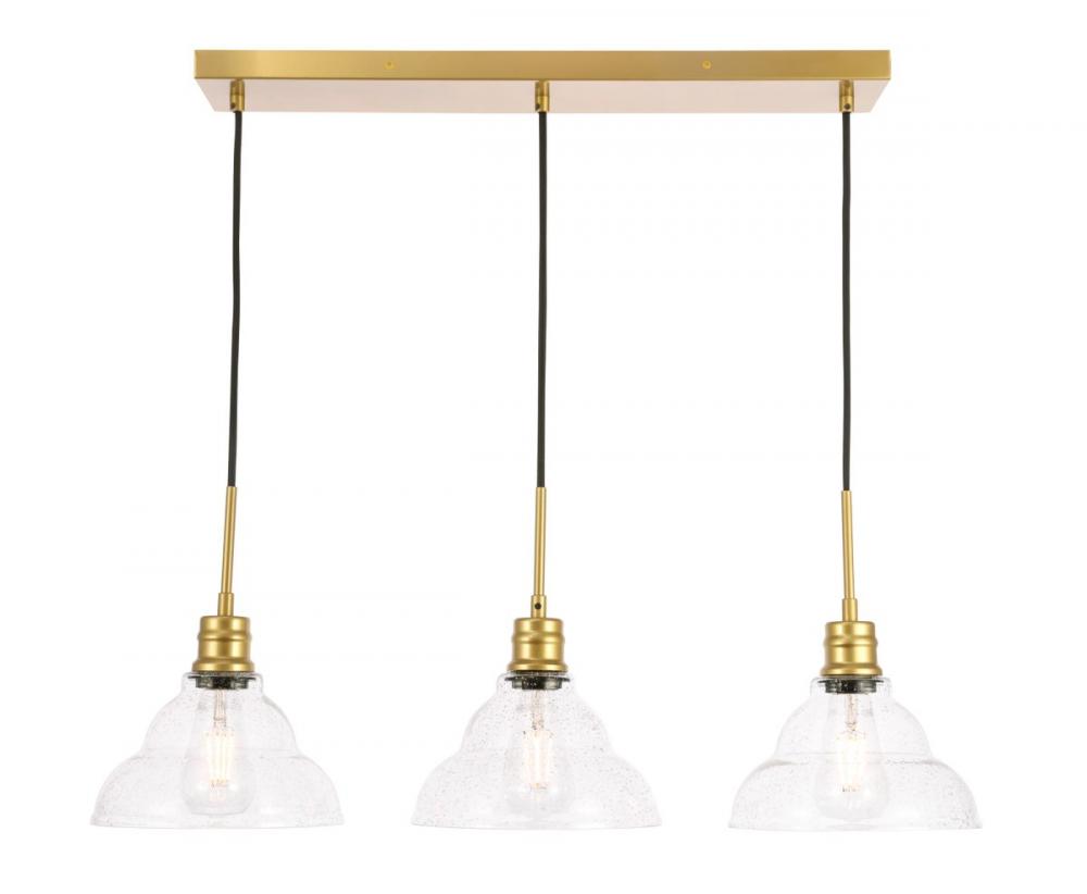 Clive 3 Light Brass and Clear Seeded Glass Pendant