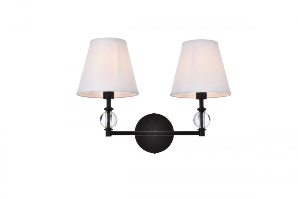 Bethany 2 Lights Bath Sconce in Black with White Fabric Shade