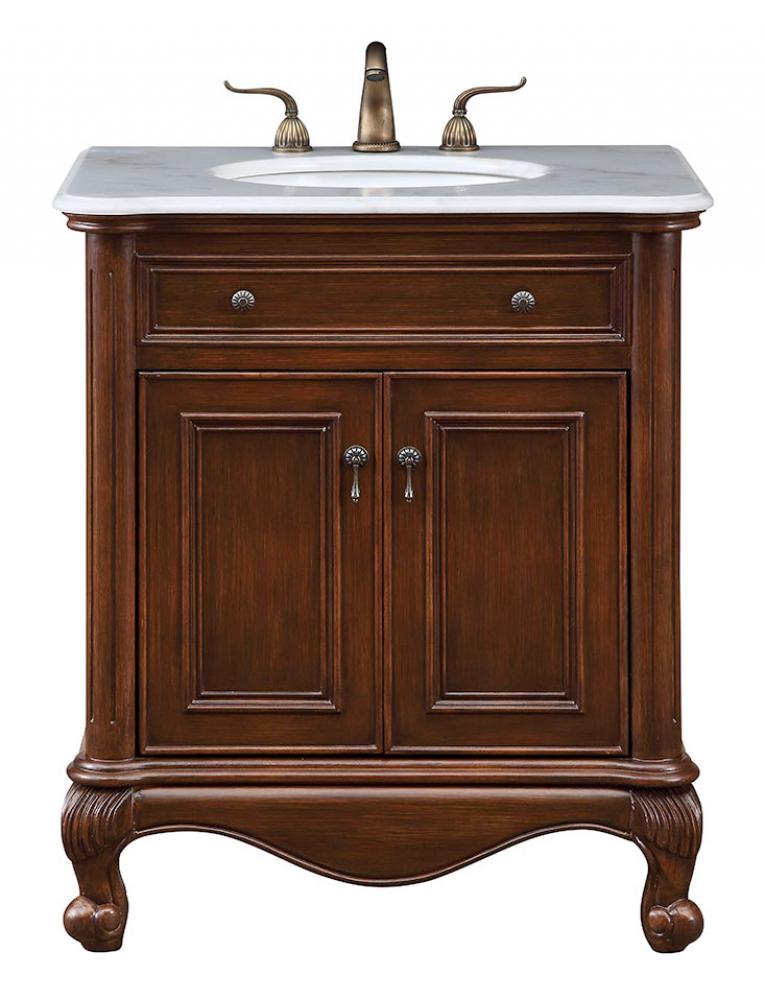 30 Inch Single Bathroom Vanity in Teak Color with Ivory White Engineered Marble