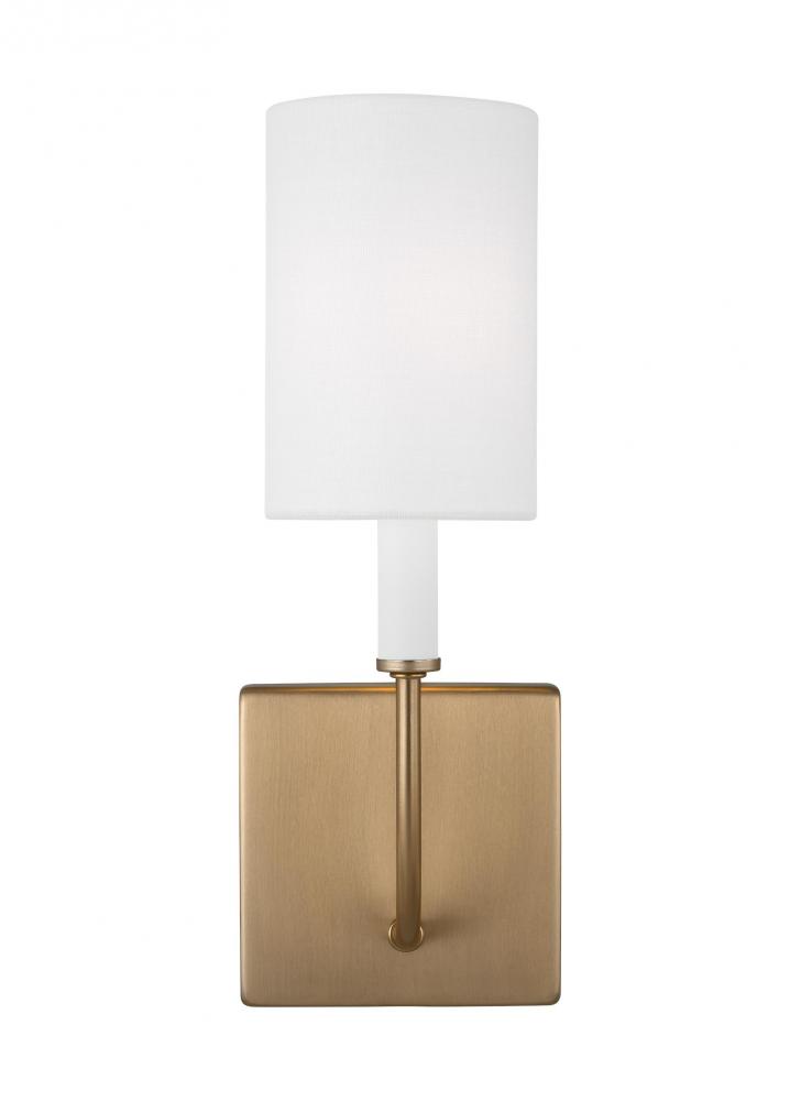 modern farmhouse 1-light LED indoor dimmable bath vanity wall sconce in satin brass gold f