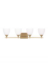 Visual Comfort & Co. Studio Collection DJV1024SB - Toffino Modern 4-Light Bath Vanity Wall Sconce in Satin Brass Gold Finish With Milk Glass Shades